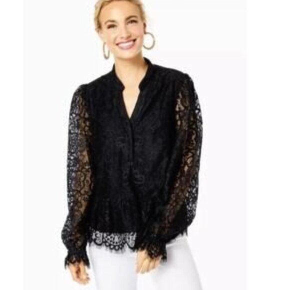 Lilly Pulitzer Jacelynne Lace Top Women’s M Black Long Sleeve Blouse - Picture 2 of 11